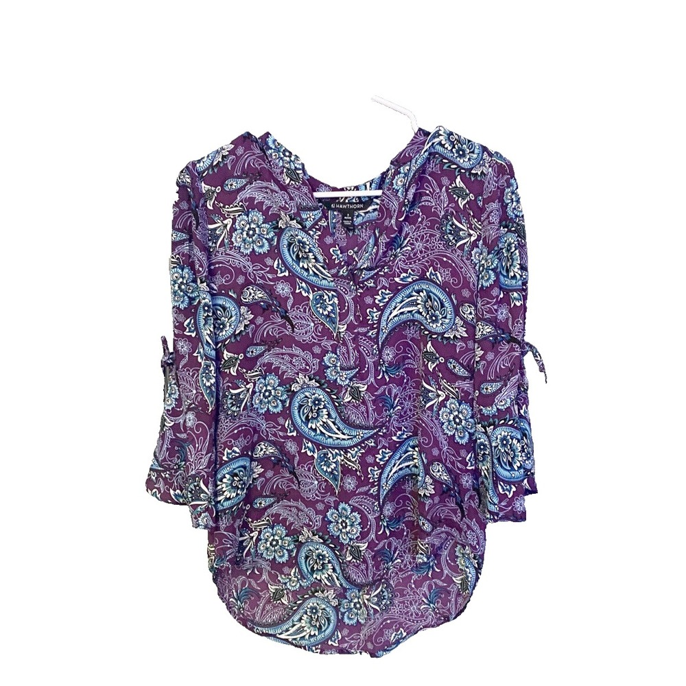 41 Hawthorn Trina Paisley Blouse Split Neck 3/4 Sleeve Bell Cuff Petite Small